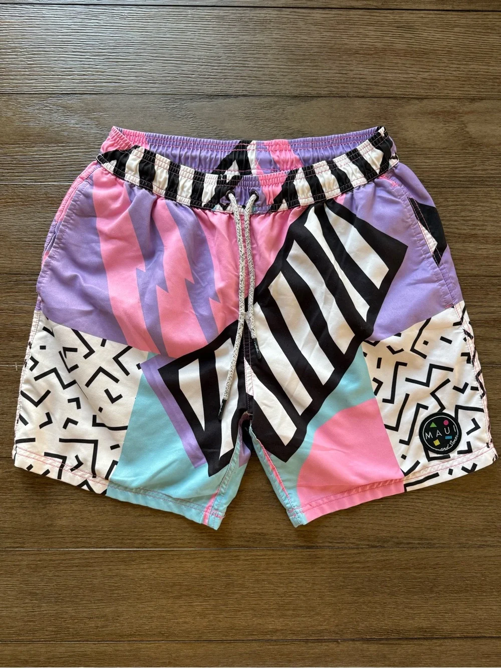 MAUI & SONS - Men’s Colorblock Graphic Swim Shorts - Pink, Purple, Teal